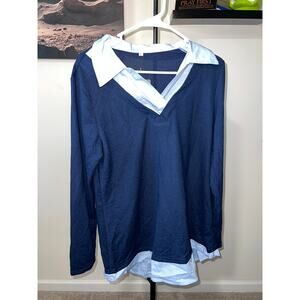 Blue long-sleeve collared layered Womens blouse sz XL